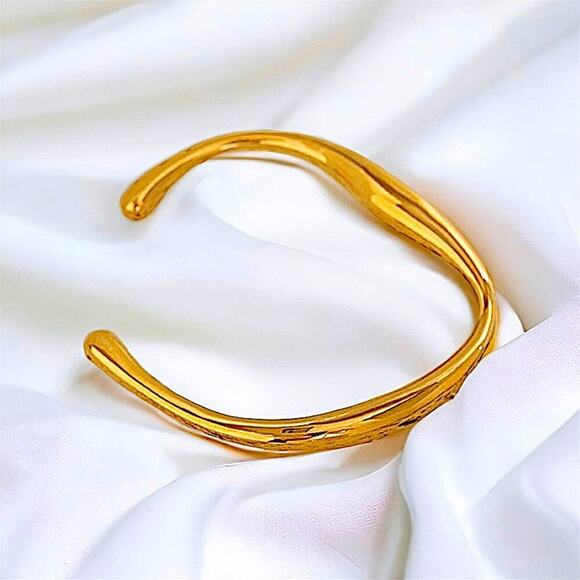 Gold Irregular Bangle Cuff Bracelet, Geometric, Asymmetric - Picture 14 of 15